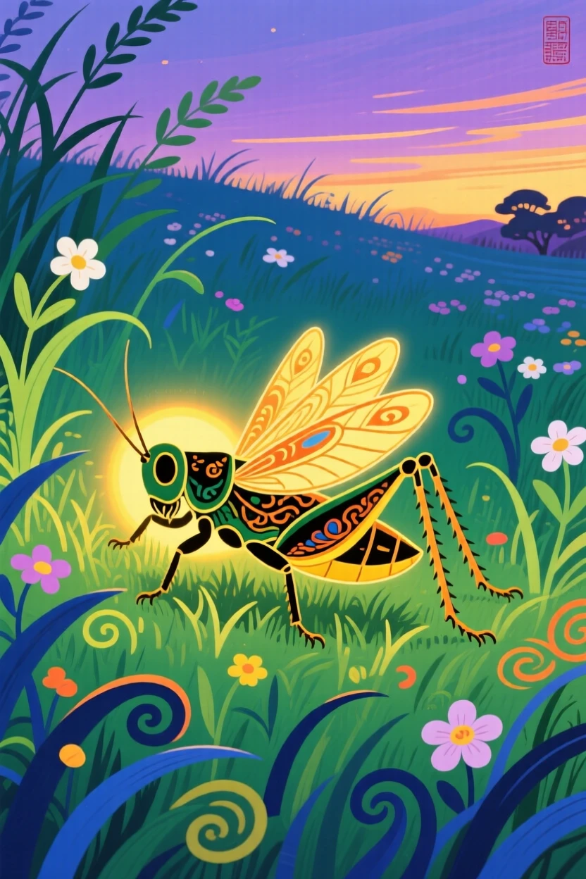 A cricket glowing softly at dusk in a summer meadow.