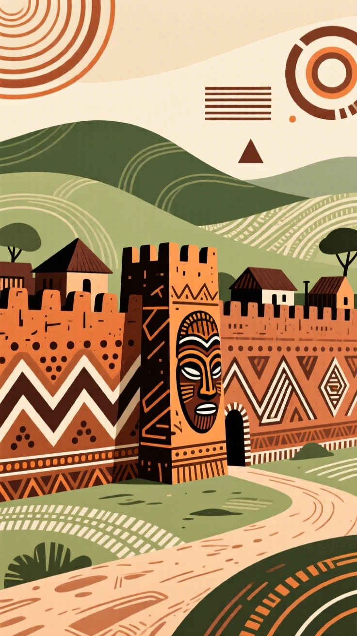 A fortified village wall nestled among rolling green hills.