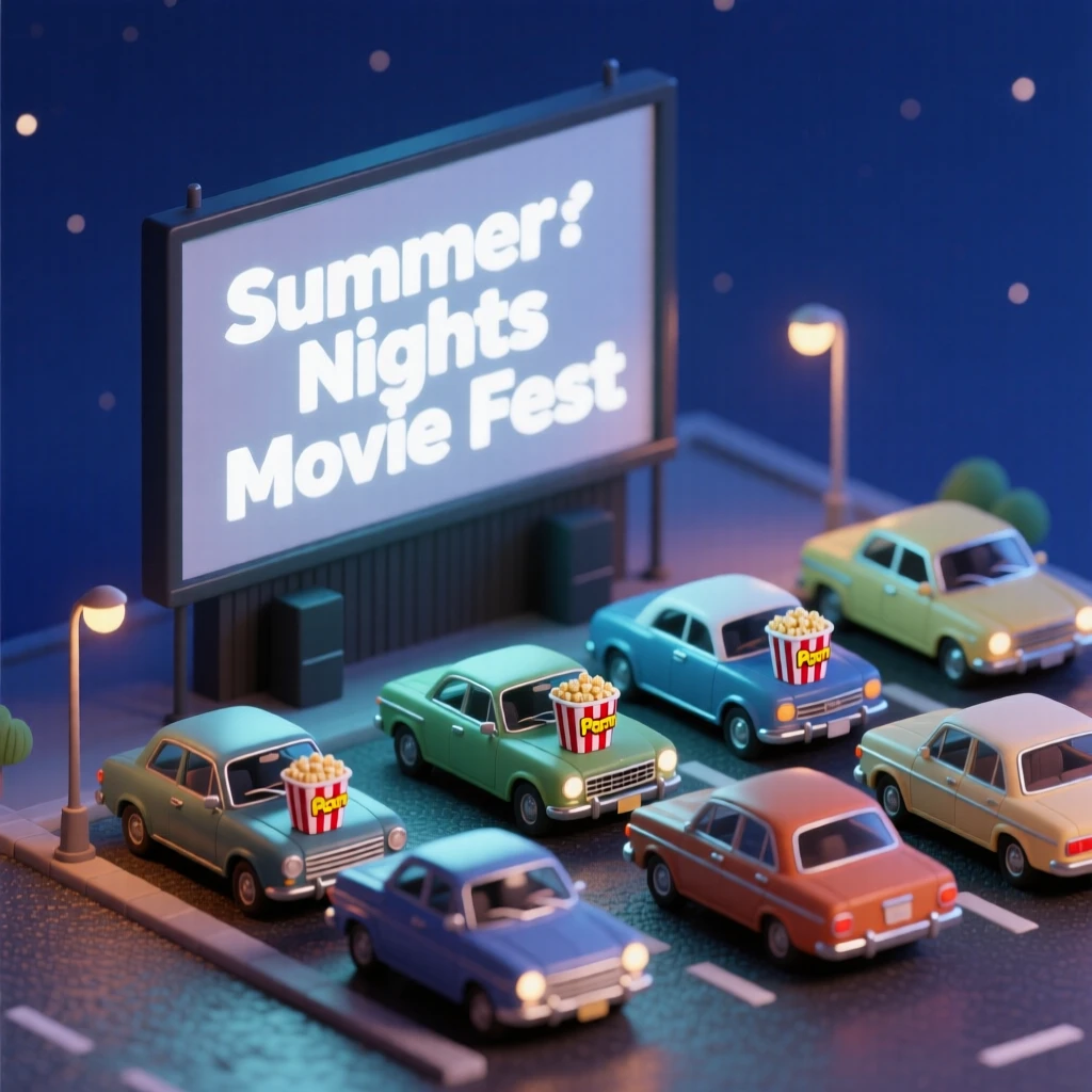 A summer night drive-in movie scene with cars parked facing a giant screen, popcorn buckets resting on dashboards.