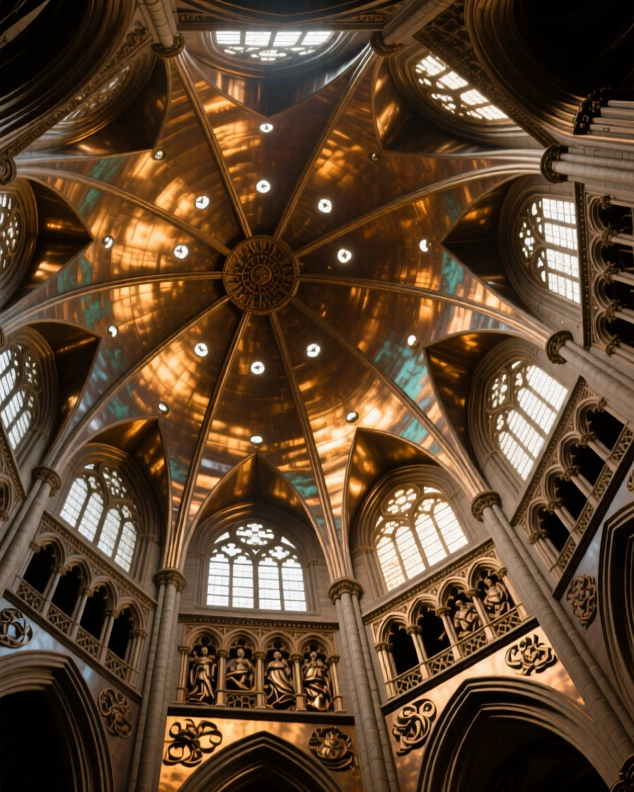 A grand cathedral dome illuminated from within, captured with dramatic, sweeping perspective, exuding timeless grandeur