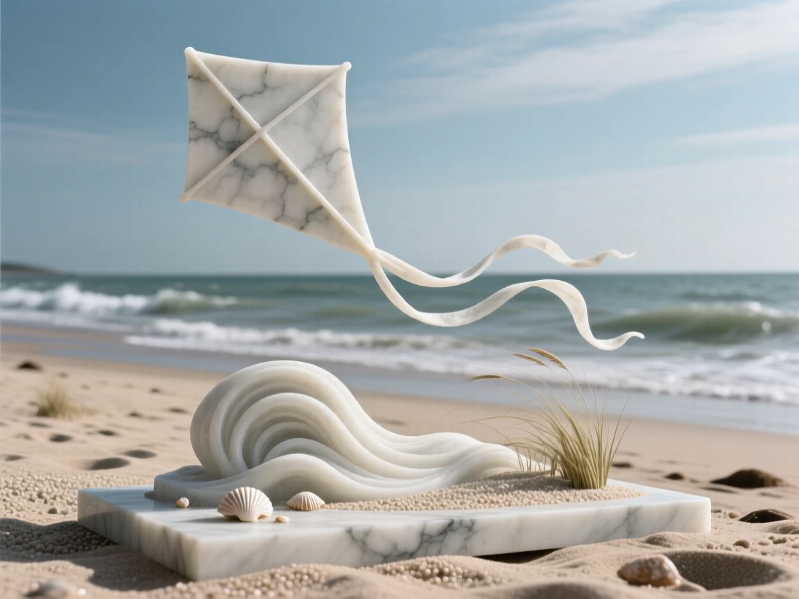A beautifully composed image of a kite flying high above a windswept beach, captured with cinematic depth and detail, full of atmosphere and visual storytelling
