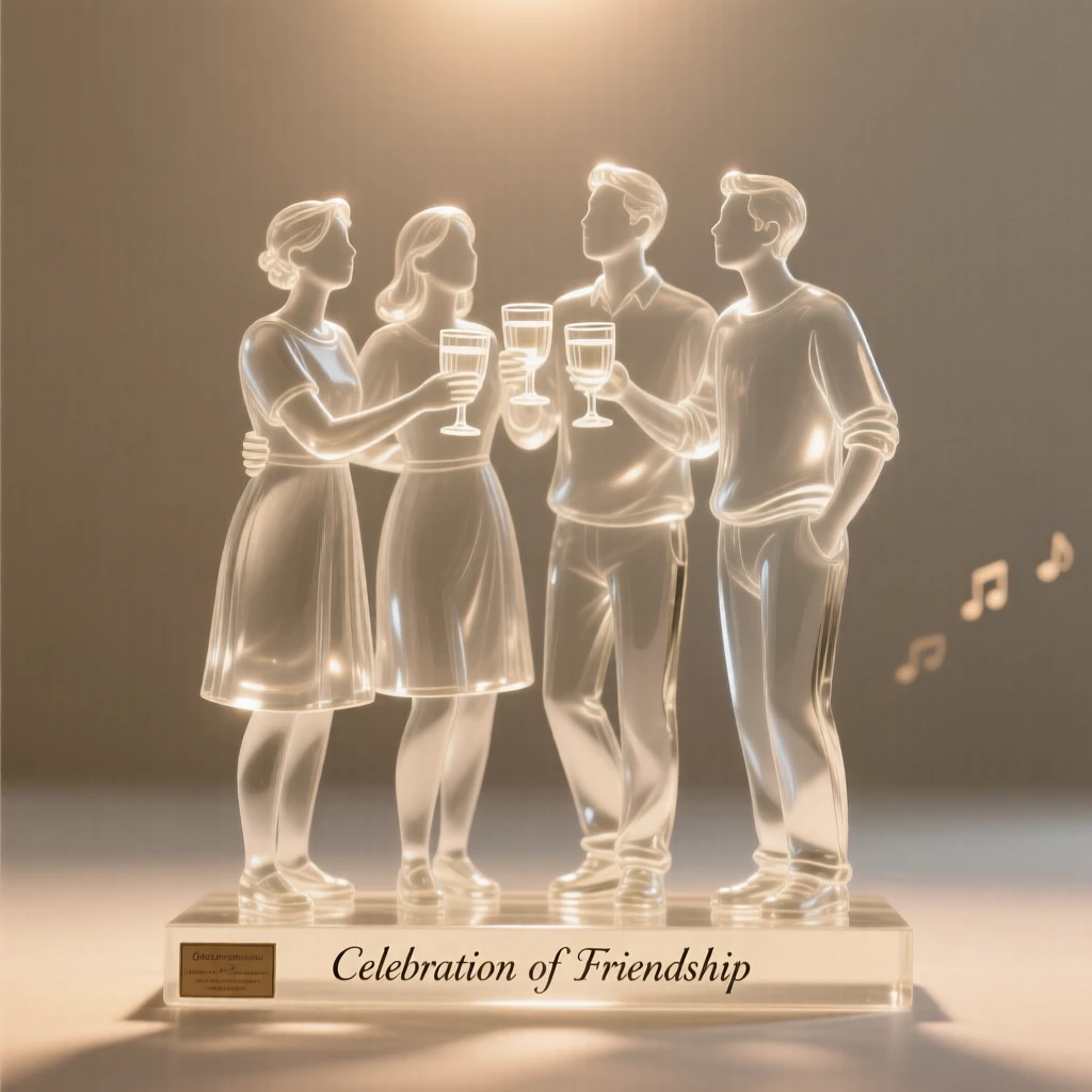 A group of friends toasting together at a celebration with distant music drifting faintly through the air, while a warm light settles over the whole scene