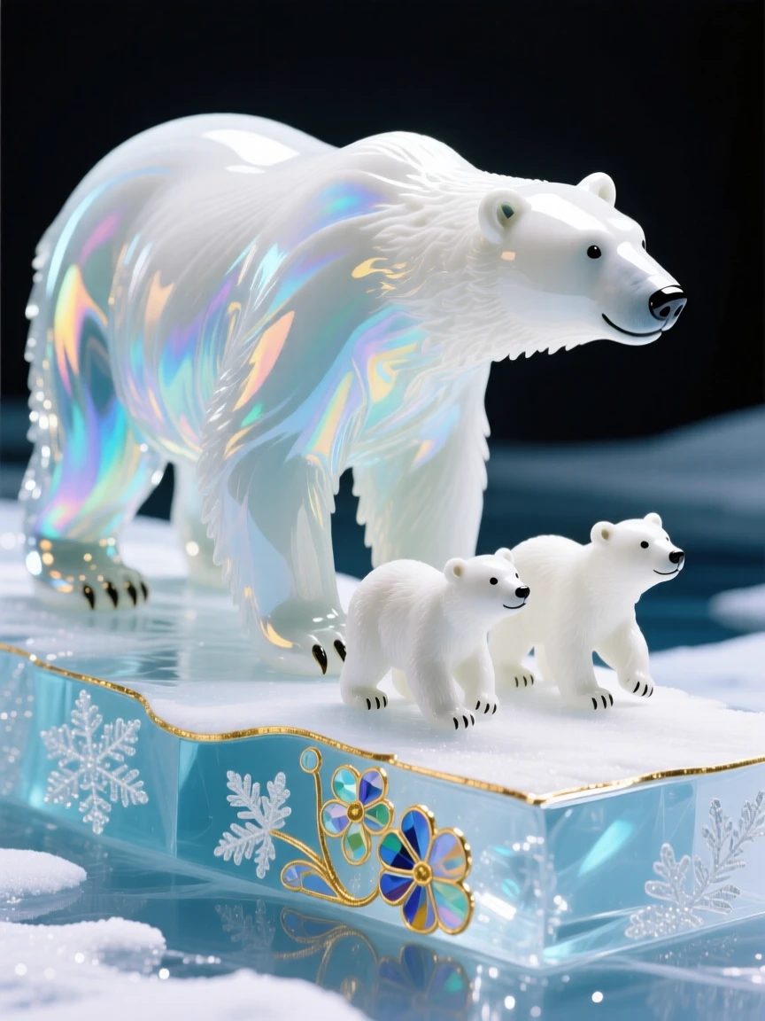 A mother polar bear and cubs walking together across sparkling arctic ice, tender and resilient.