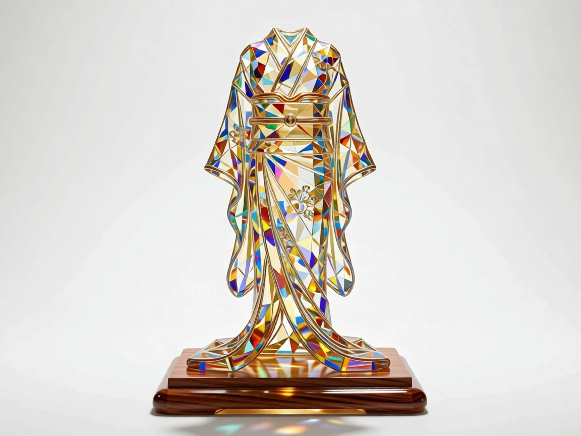 A luxury silk kimono draped elegantly over a wooden display stand.