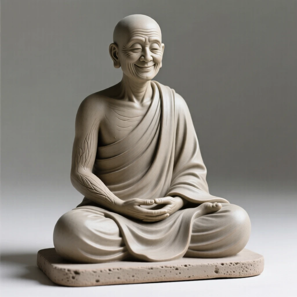A monk seated in quiet meditation standing proudly with chin lifted high, with a serene, knowing half-smile, stirring nostalgia and heartfelt warmth.