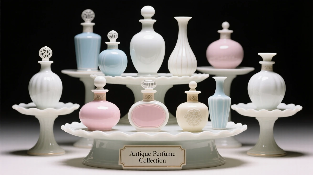 A collection of antique perfume bottles arranged on tiered display stands, evoking a sense of collected treasure.