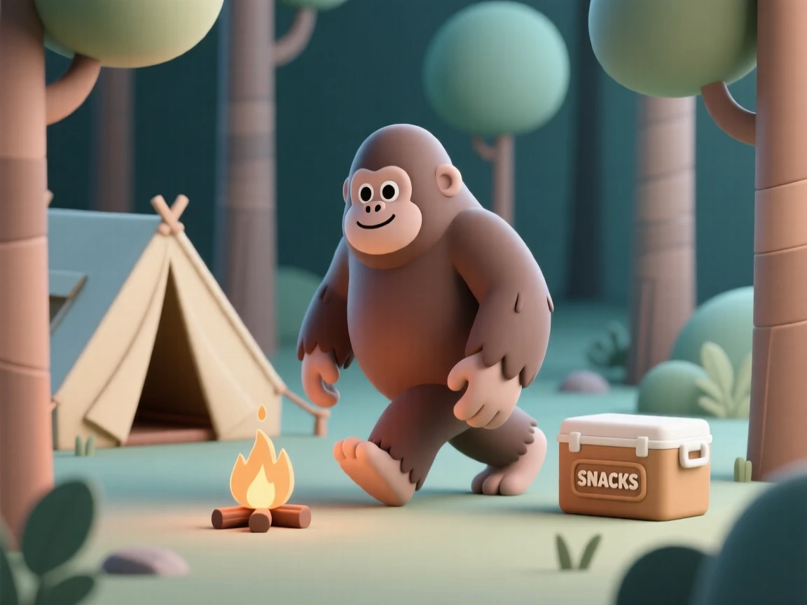 A friendly bigfoot creature tiptoes carefully through a quiet forest campsite, sniffing curiously at a cooler of snacks.