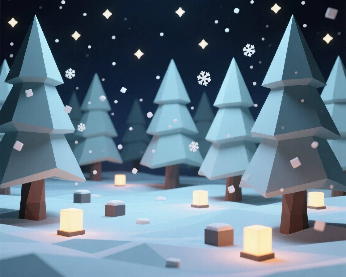 A snow-covered pine forest under twinkling stars, as snow gently falls. warm glowing lights create a festive ambiance. The mood feels cozy and nostalgic.