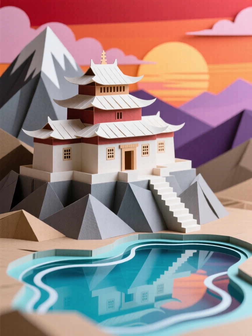 A serene mountaintop monastery set against a vivid sunset sky, with reflections shimmering on a nearby pool, capturing a sense of awe and craftsmanship.