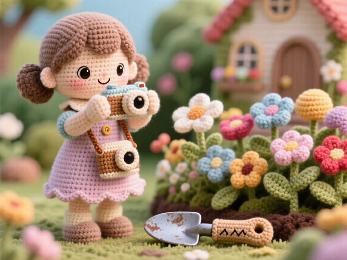 a little girl learning photography, with a small camera around her neck, is captured framing a shot of a blooming flower in a home garden bursting with blooms beside a favorite well-worn tool resting close by, showing patient concentration and creative satisfaction.