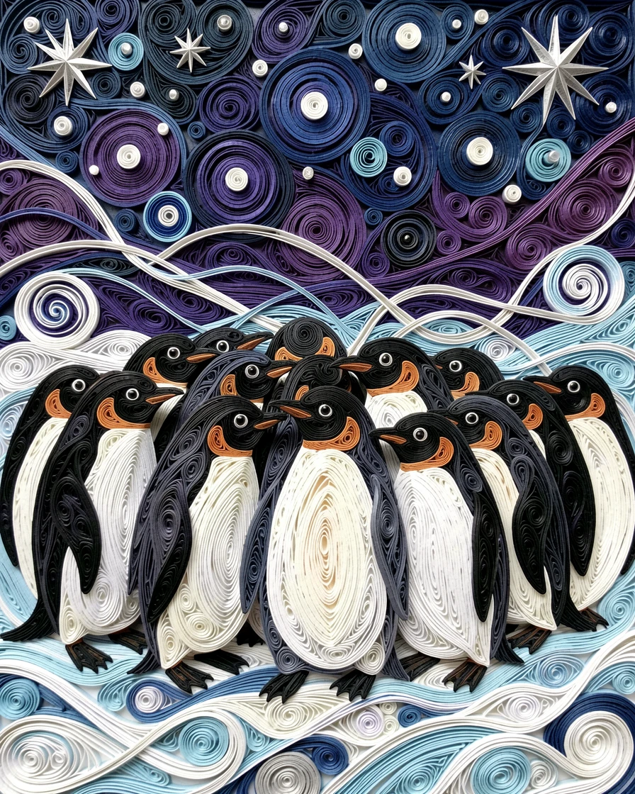 a colony of penguins huddled together in a blizzard, beneath a vast star-filled night sky, shot from a low, powerful ground-level angle, with fine texture visible in every strand of fur.