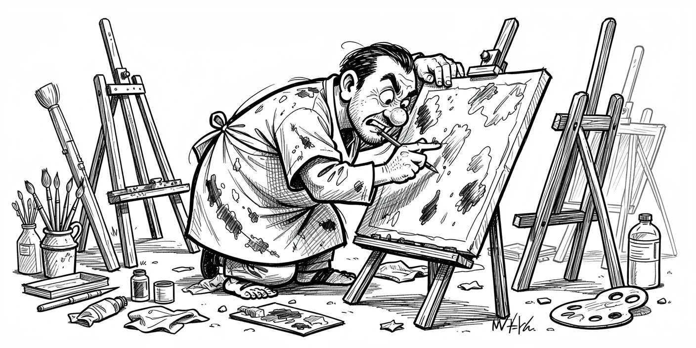 A painter working on a canvas outdoors in a workshop filled with tools.