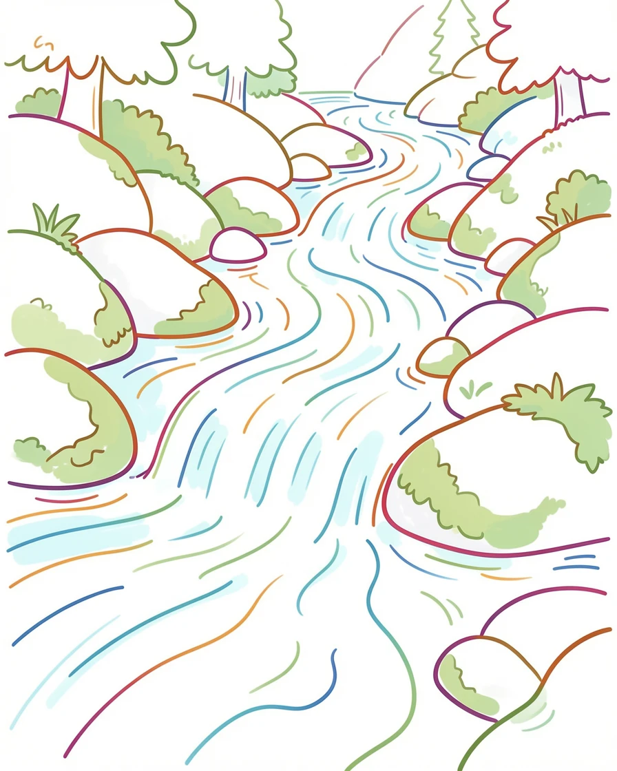 A quiet mountain stream tumbling gently over smooth, mossy stones.