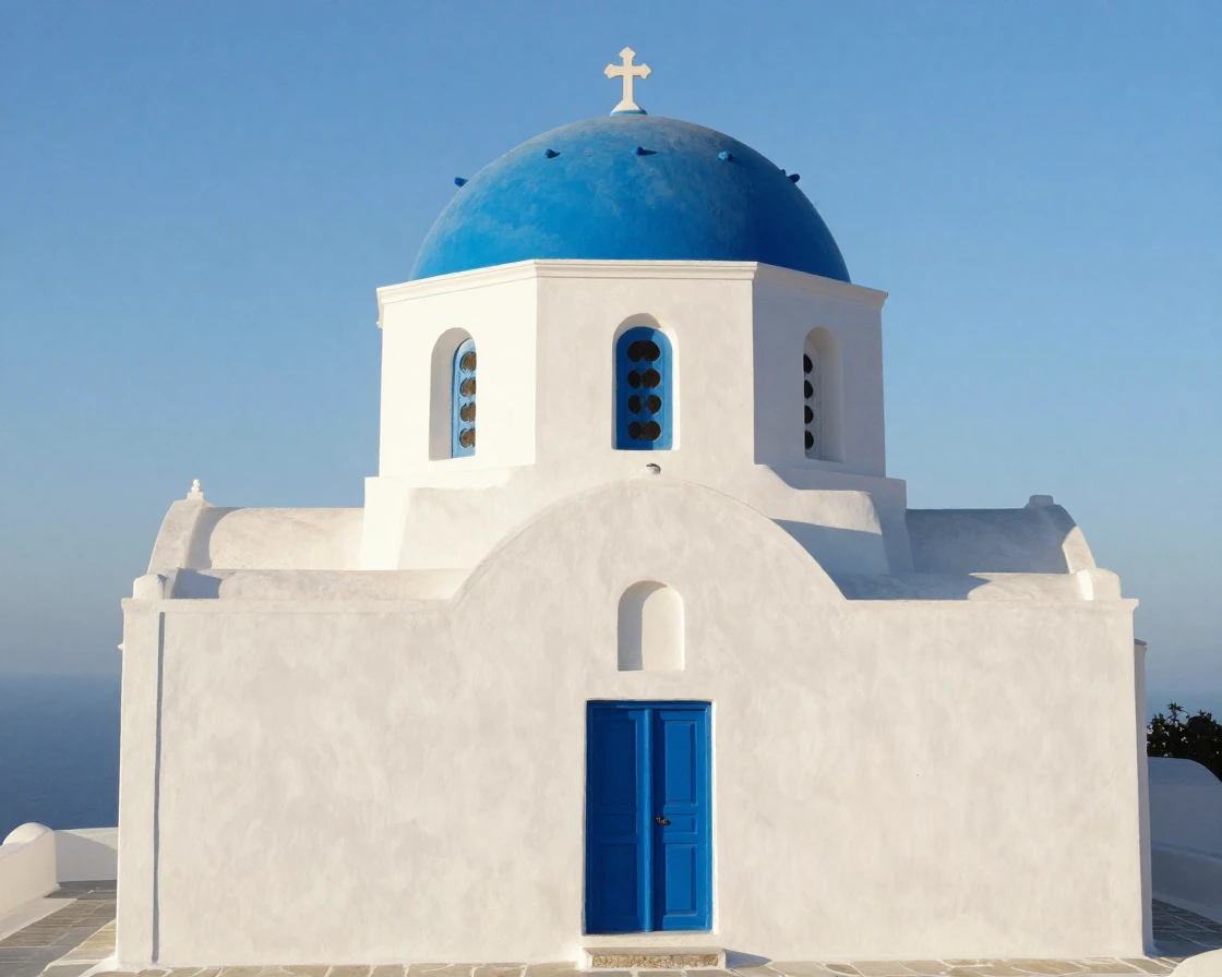 A Greek island church with a blue dome against white walls
