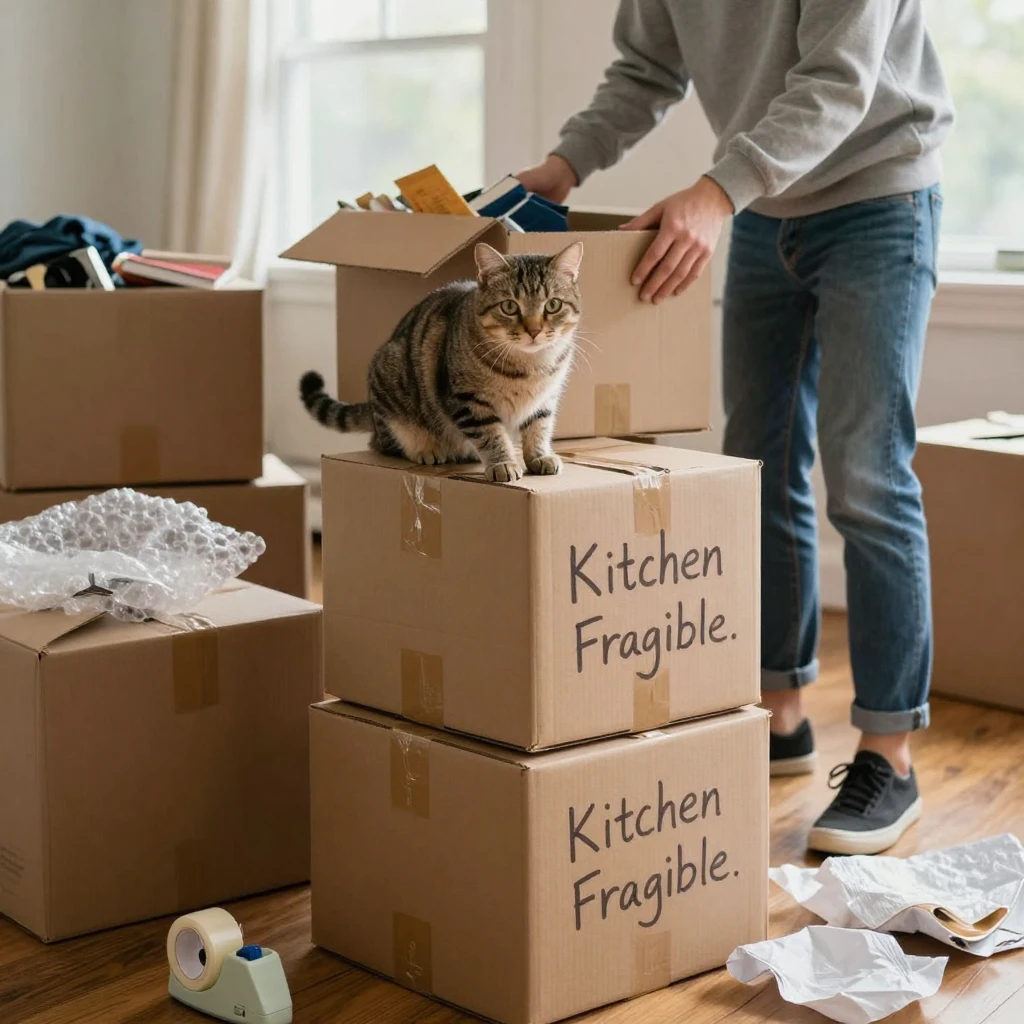 A cat perches on a stack of moving boxes, supervising the unpacking process.