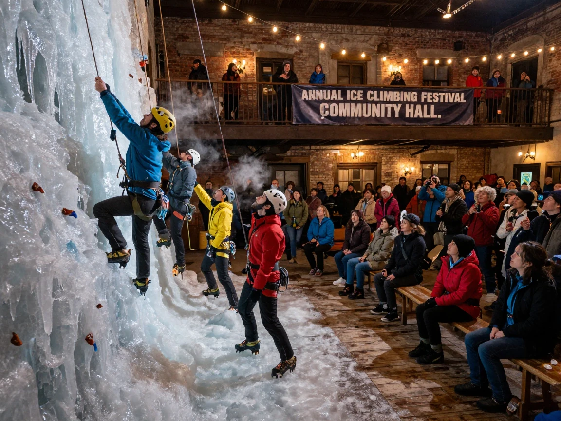 A group of ice climbers performing for an enthusiastic crowd inside an old community hall