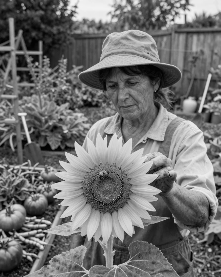 A gardener watches a bee land on a sunflower in a backyard vegetable garden.