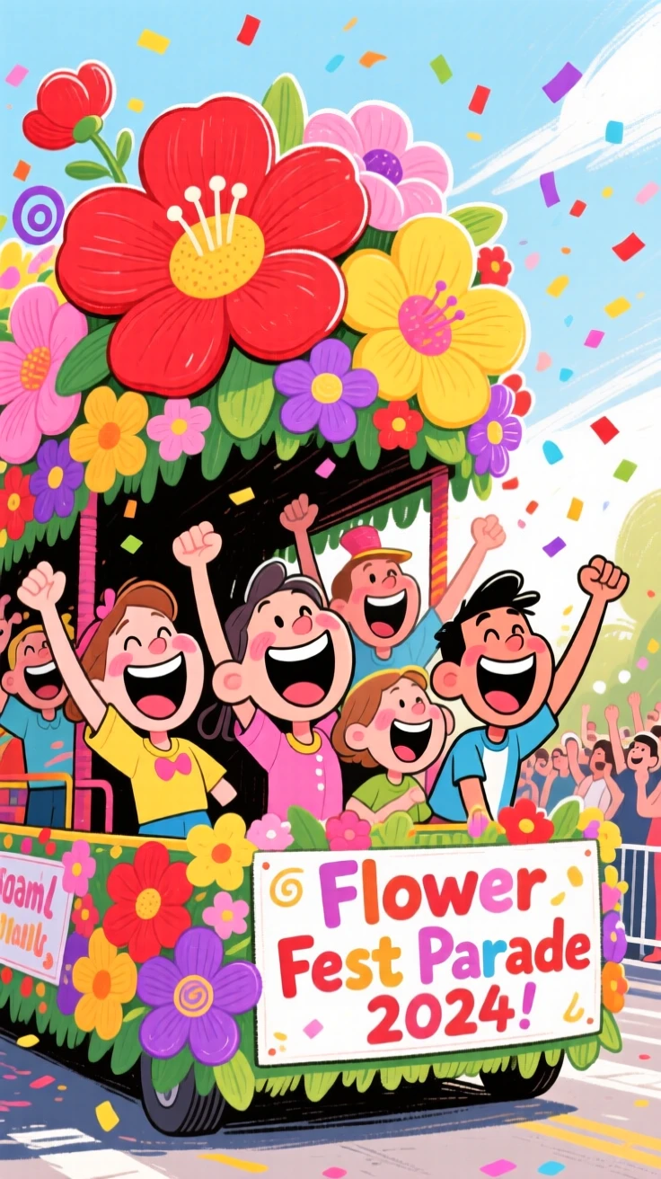 A group celebrating a parade with elaborate flower-covered floats.