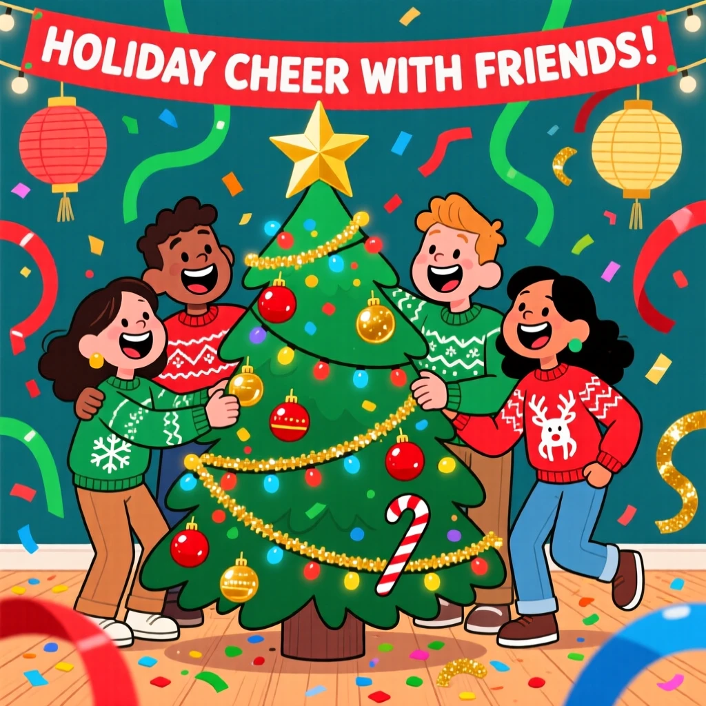 A festive celebration scene of a group of friends gathering around a decorated holiday tree, surrounded by colorful decorations and streamers.