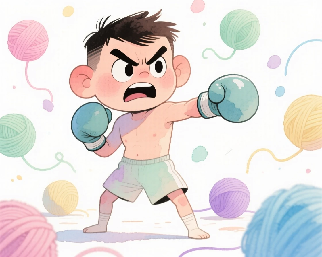 A boxer training surrounded by balls of colorful yarn