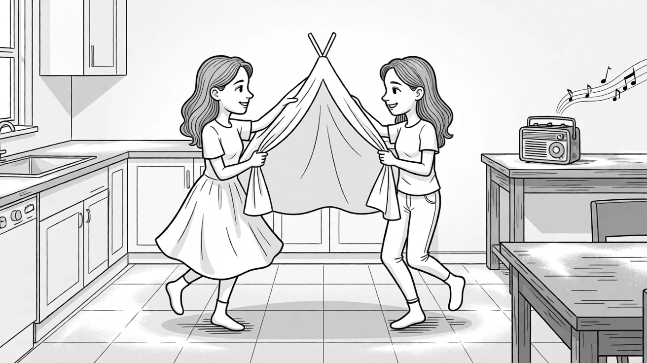 Two people building a blanket fort together, spinning slowly in socked feet across the tile, set in a kitchen dusted white with flour. A paint-stained radio plays faintly in the background. The scene feels like a love story told through small moments.
