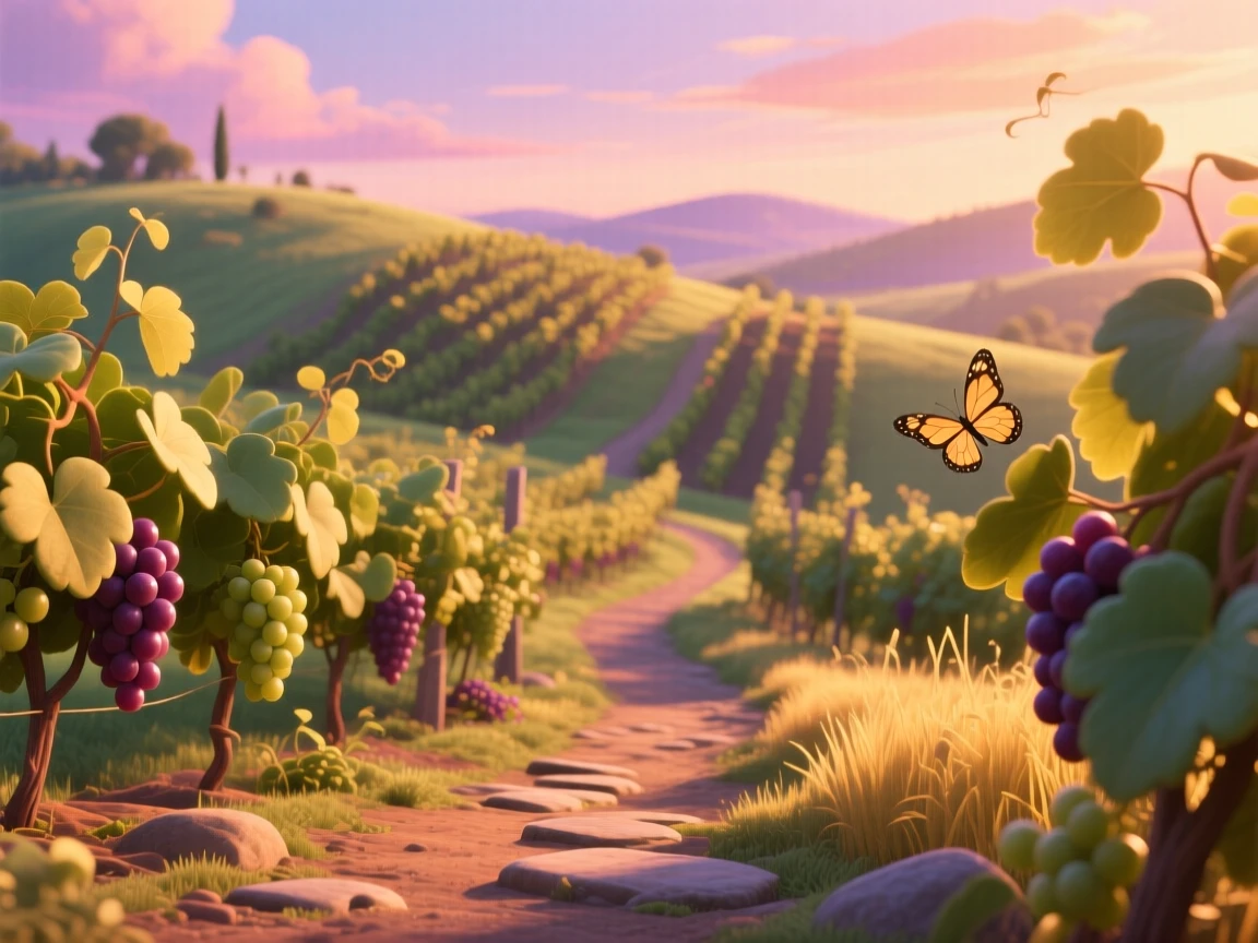 A rolling hillside of vineyards glows as golden hour light bathes everything in warm color, with a narrow path winding through the scene. A deep sense of peace and quiet awe fills the scene.