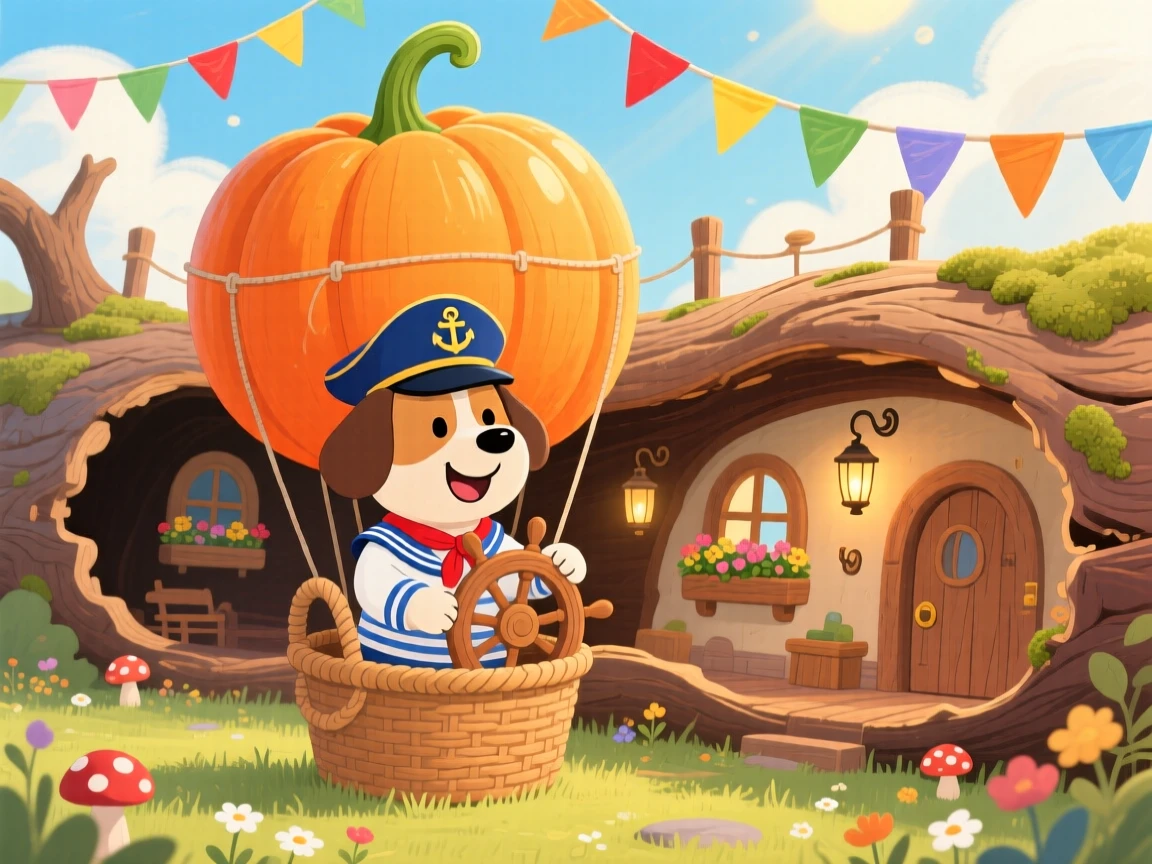 A dog dressed as a sea captain is steering a hot air balloon shaped like a pumpkin in a village built inside a hollowed-out log, with tiny flags fluttering in a light breeze.
