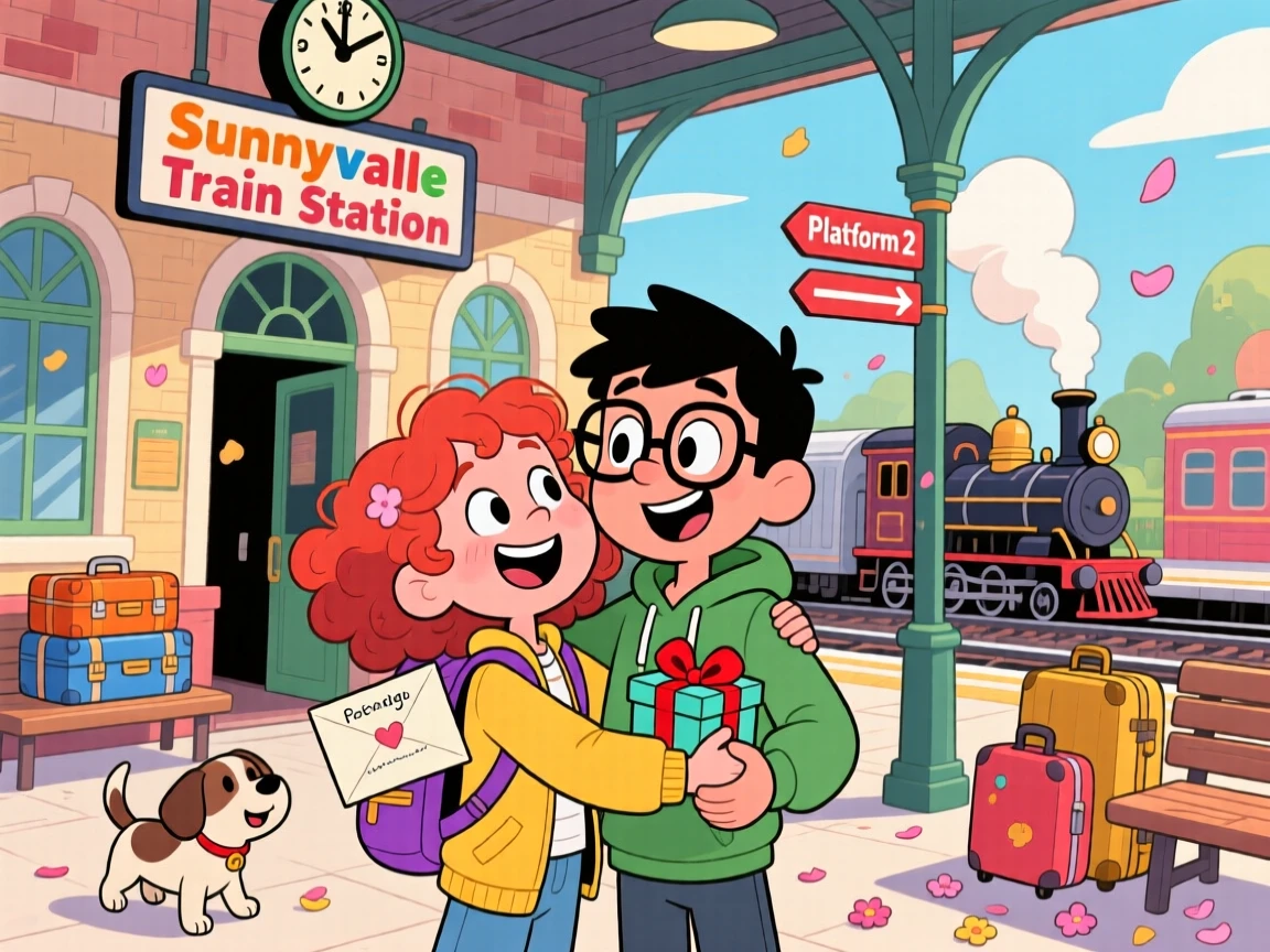 Pen pals meeting in person for the first time at a train station.