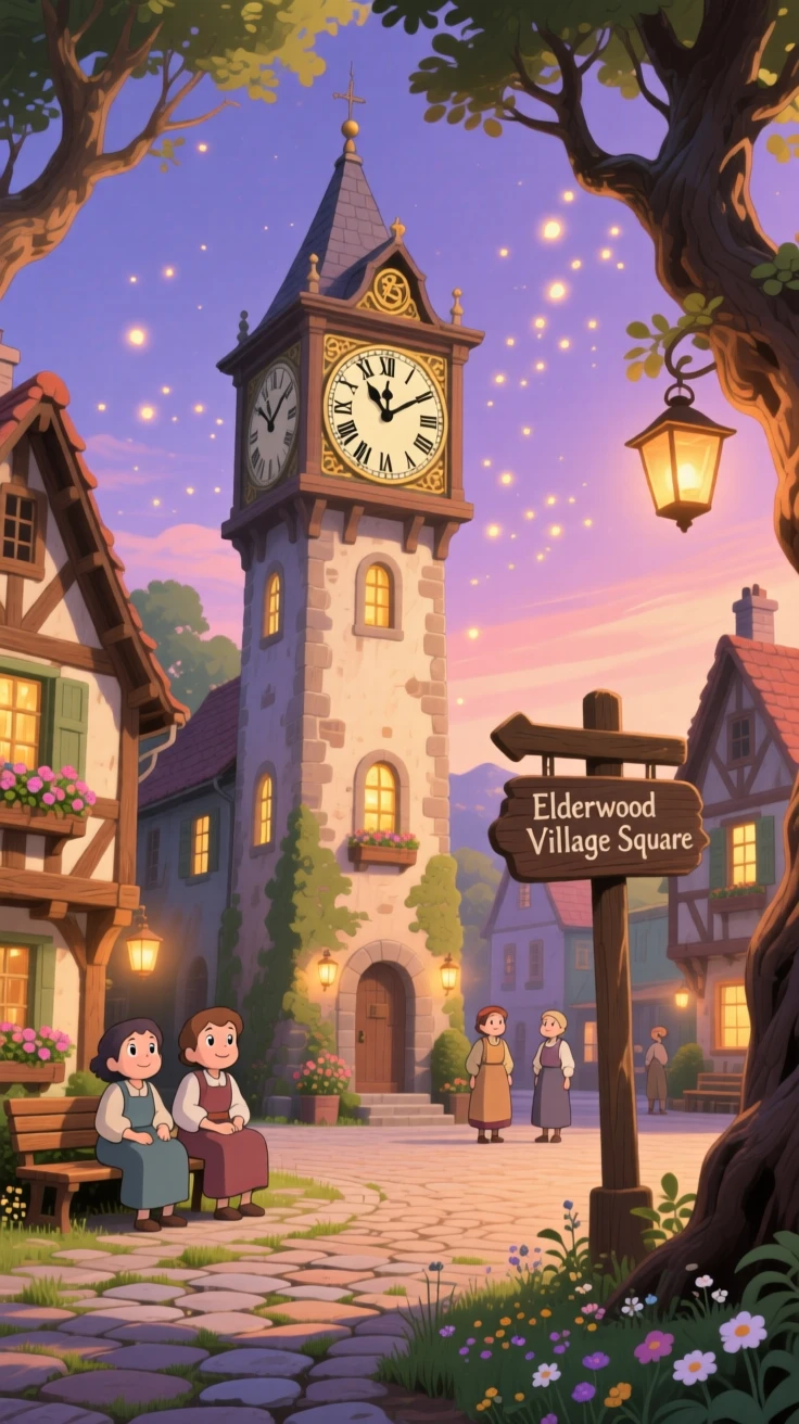 A charming view of a clocktower rising above a quiet village square, with warm light glowing from every window.