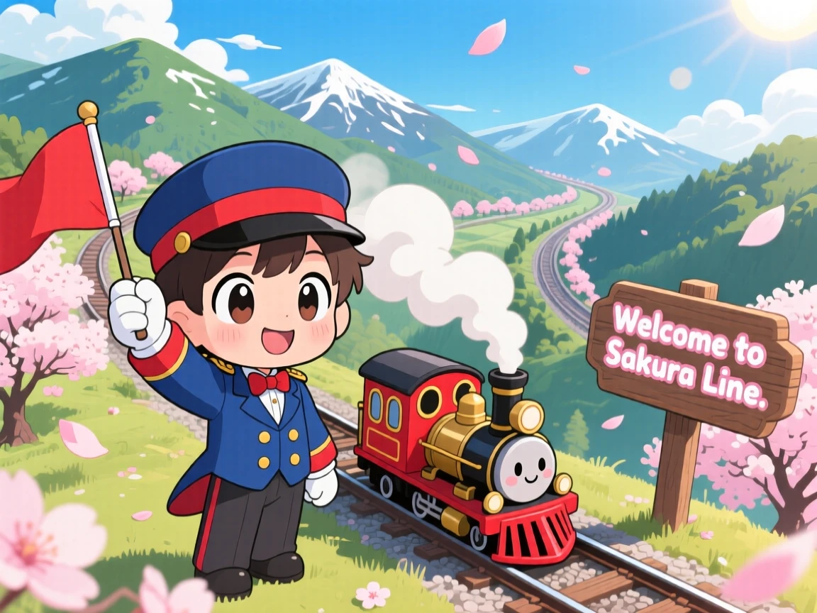 High aerial view: a young conductor, waving a flag beside a tiny steam train, set against a scenic mountain railway as cherry blossom petals drift on the breeze, with bright midday sun and a mood of brave confidence.