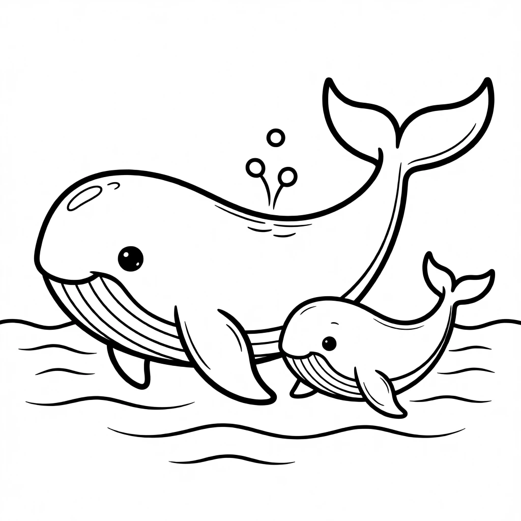 A gentle whale calf swimming close beside its mother