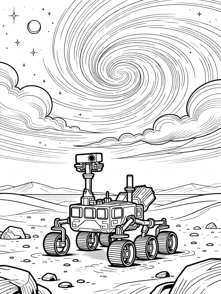A rover exploring the red dust of a Martian plain, with swirling clouds of cosmic dust in the background.