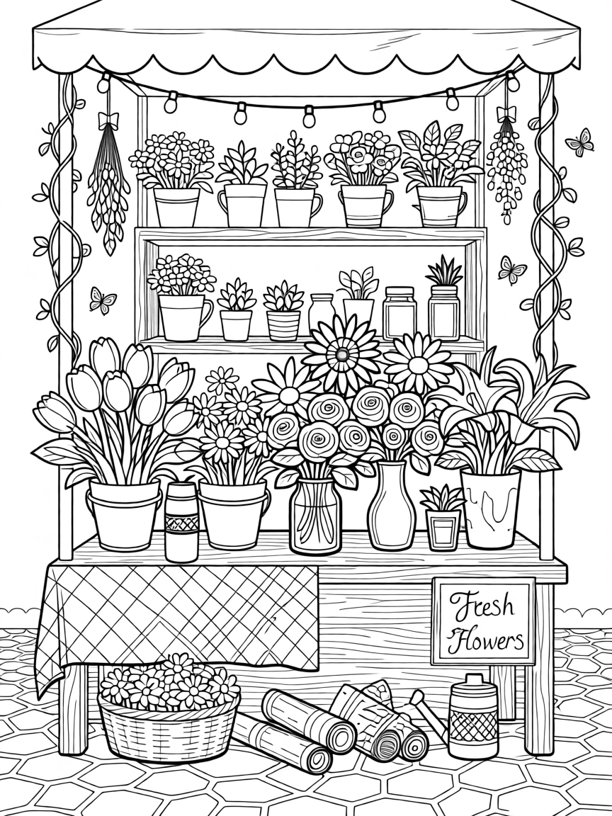 A farmers market flower stall bursting with mixed seasonal bouquets.