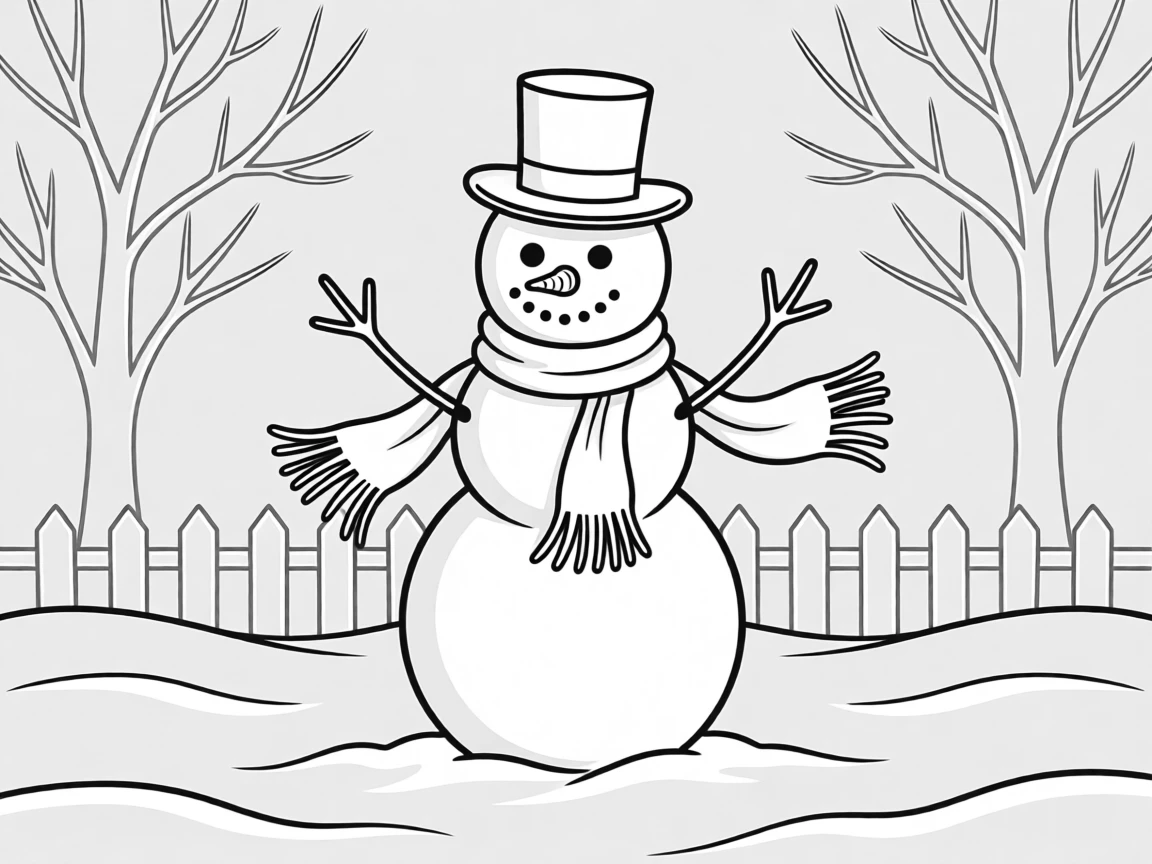 A snowman wearing a scarf and top hat in a winter yard