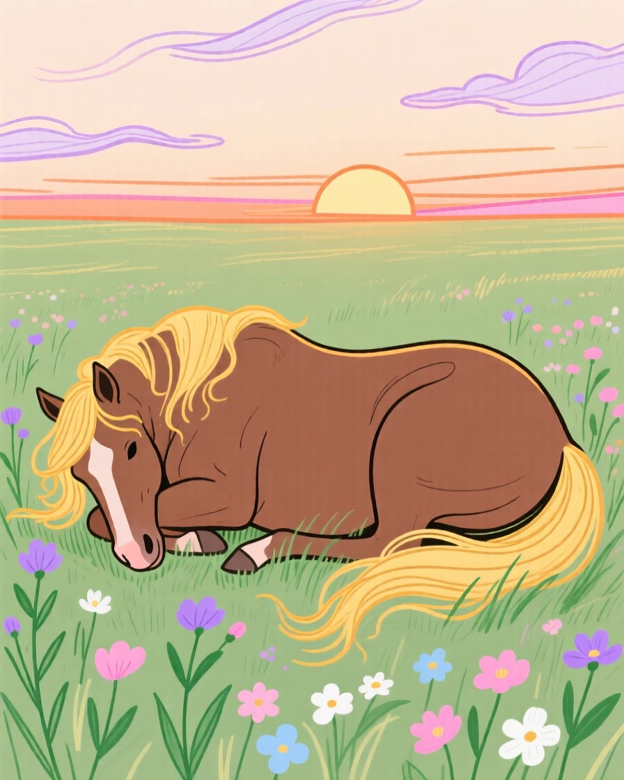 A wild mustang curled up together near a wildflower field at sunset.