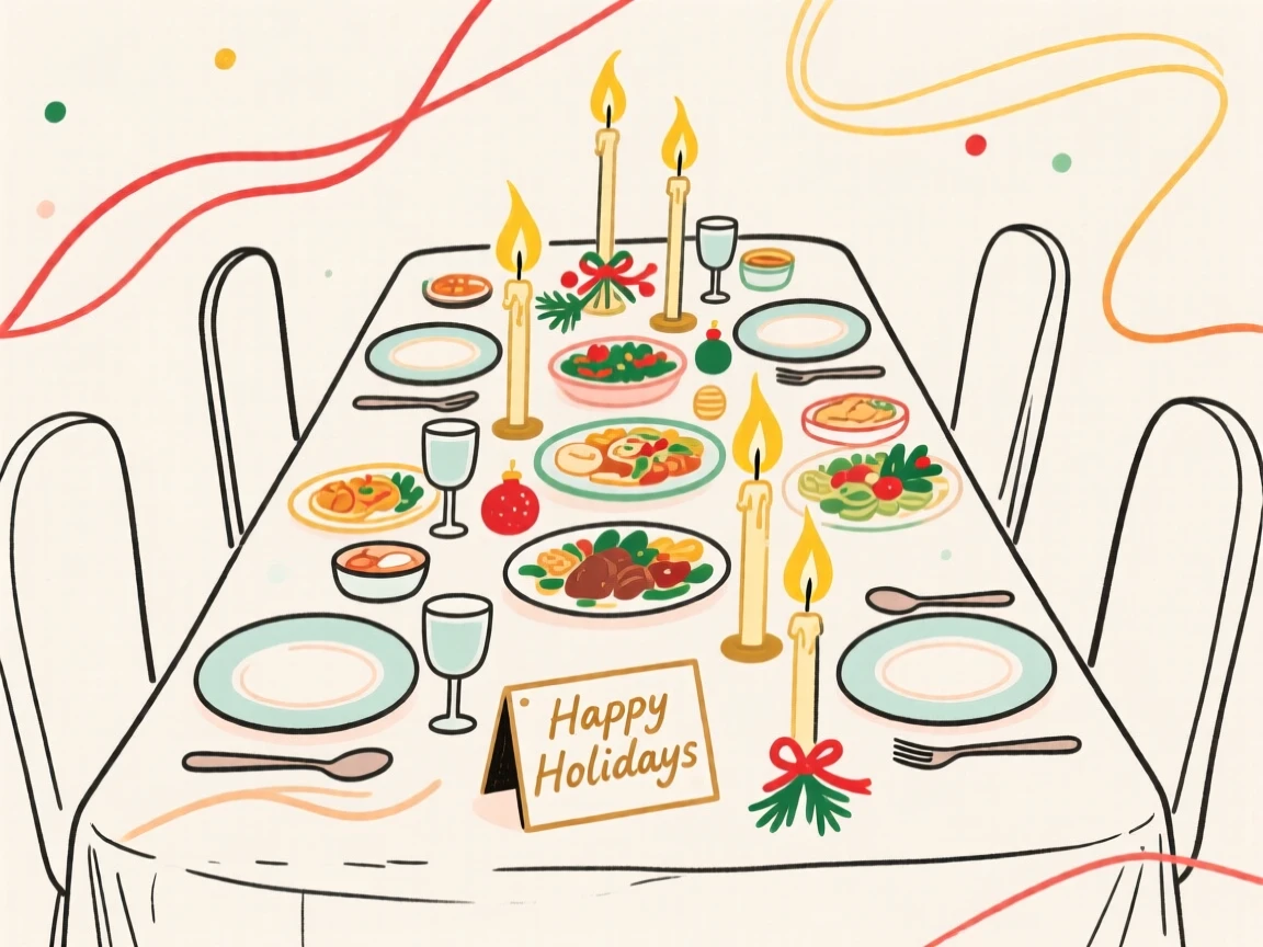 A festive holiday feast with candles and a decorated table.