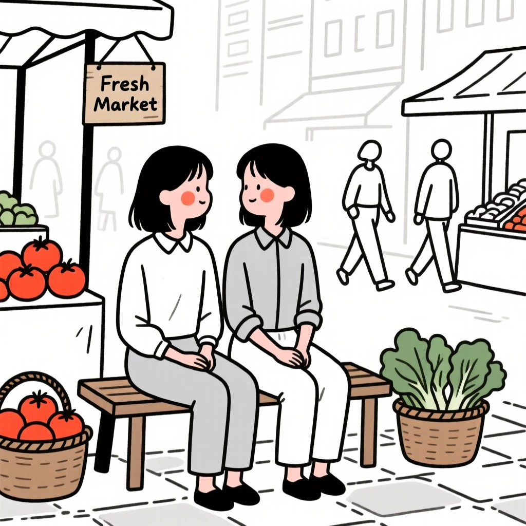 Twin sisters, resting in calm stillness, in a bustling city market.