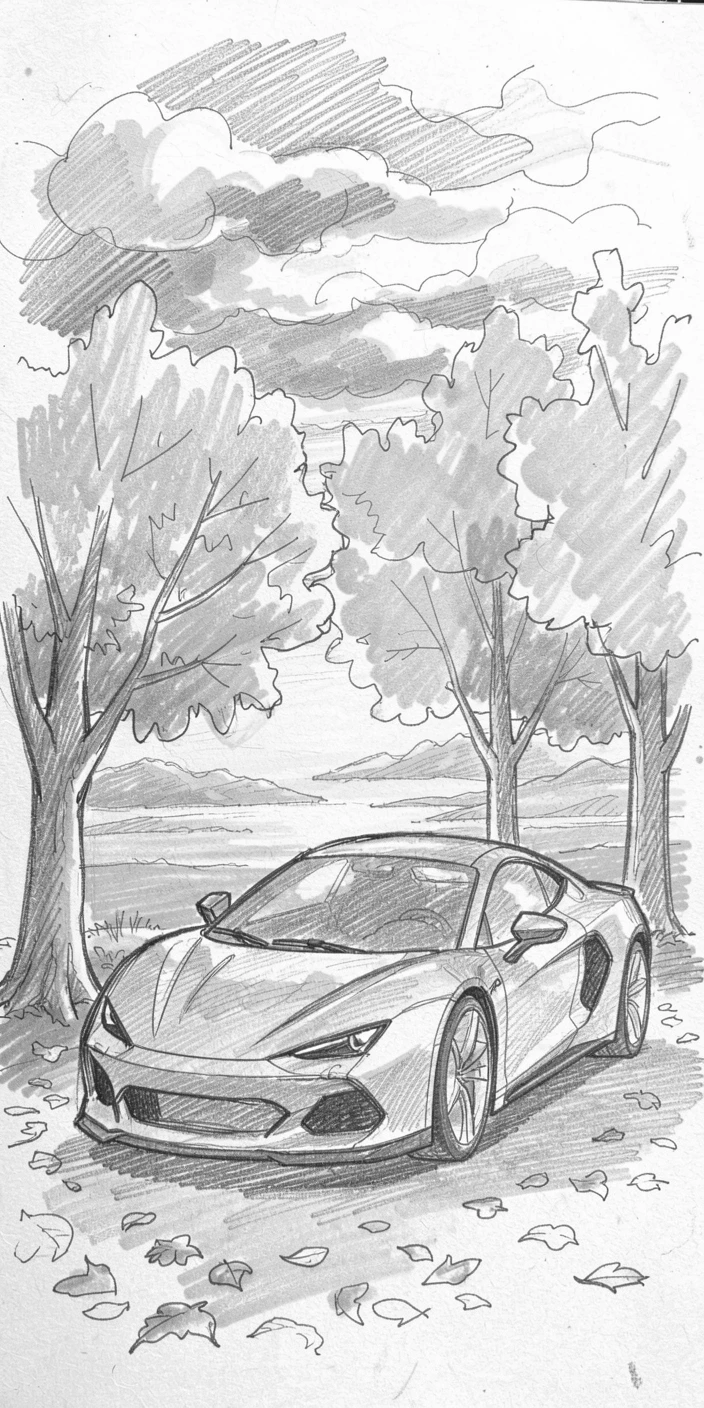 An eye-catching view of a sleek sports car parked at sunset under a canopy of autumn trees, with dramatic clouds gathering overhead.