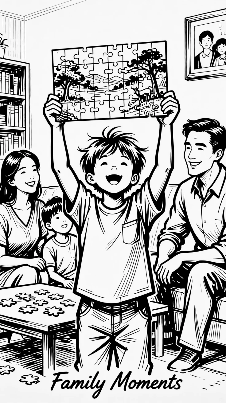 A child proudly showing off a finished puzzle to their family.