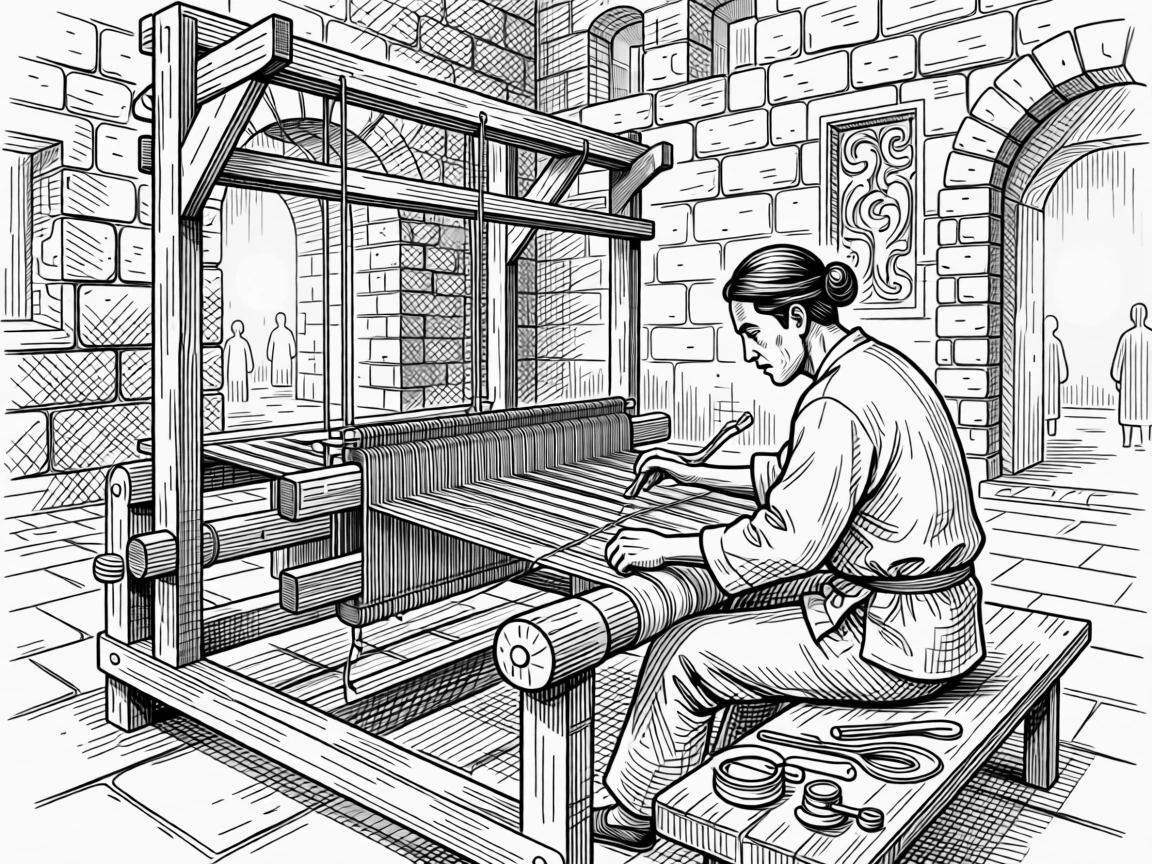 A weaver working at a large traditional loom surrounded by ancient stone architecture, with traditional tools laid out with care, portrayed in a warmly communal historical scene.