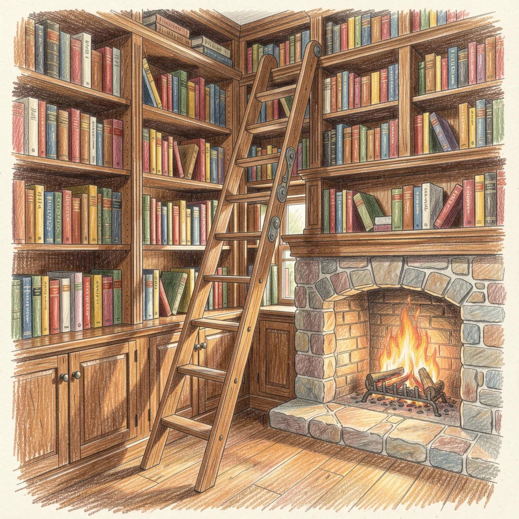 A cozy home library with a rolling ladder and a crackling fireplace, with soft, natural light bringing warmth to every detail, evoking warmth, beauty, and a lasting sense of wonder.