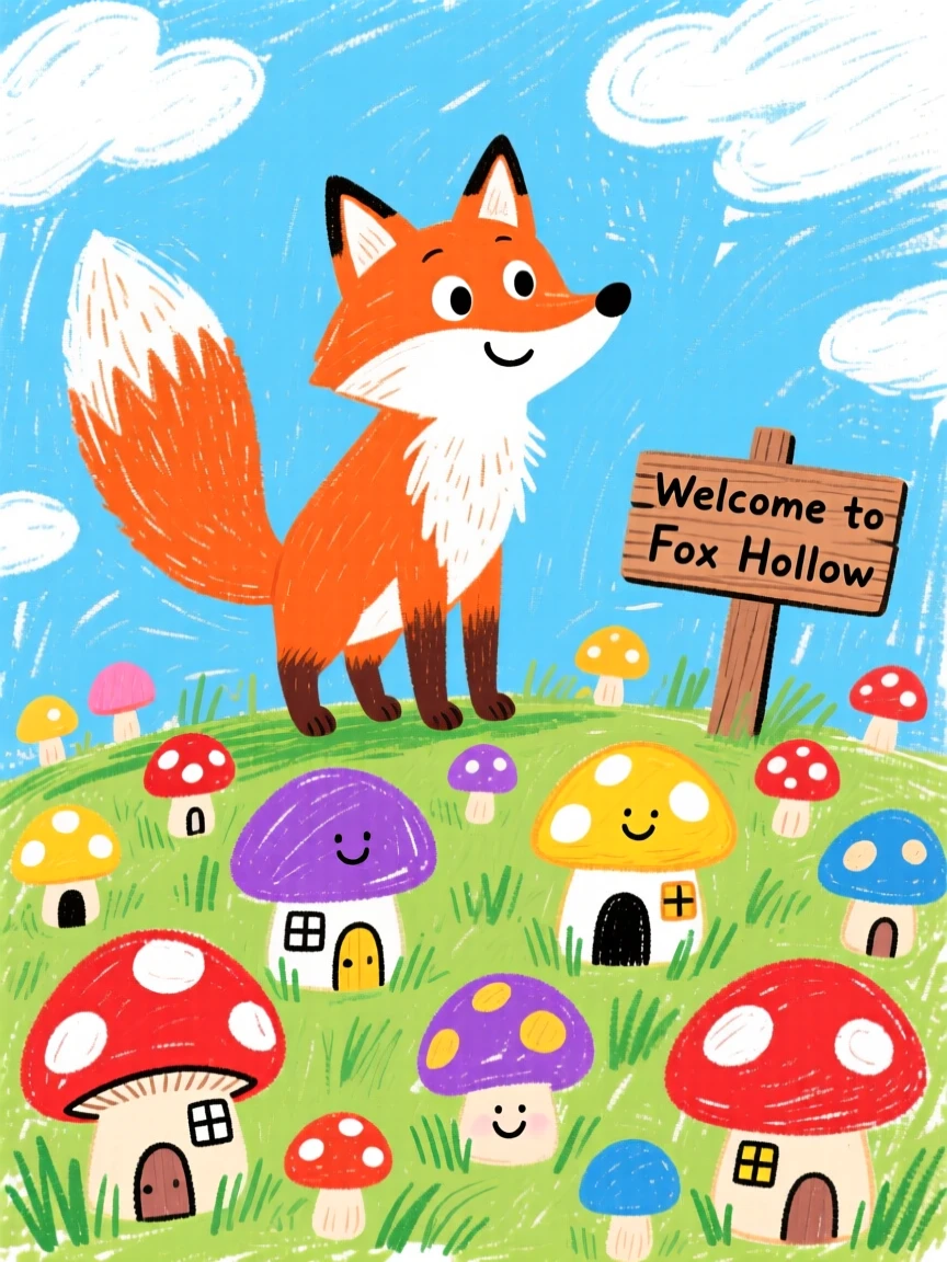 A talking fox watching over a village of tiny mushroom houses.