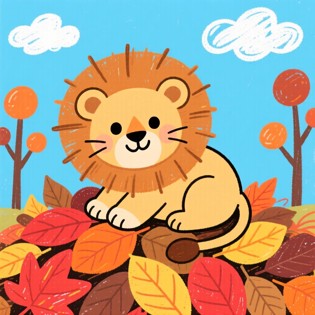 A fuzzy lion cub curled up on a pile of autumn leaves.