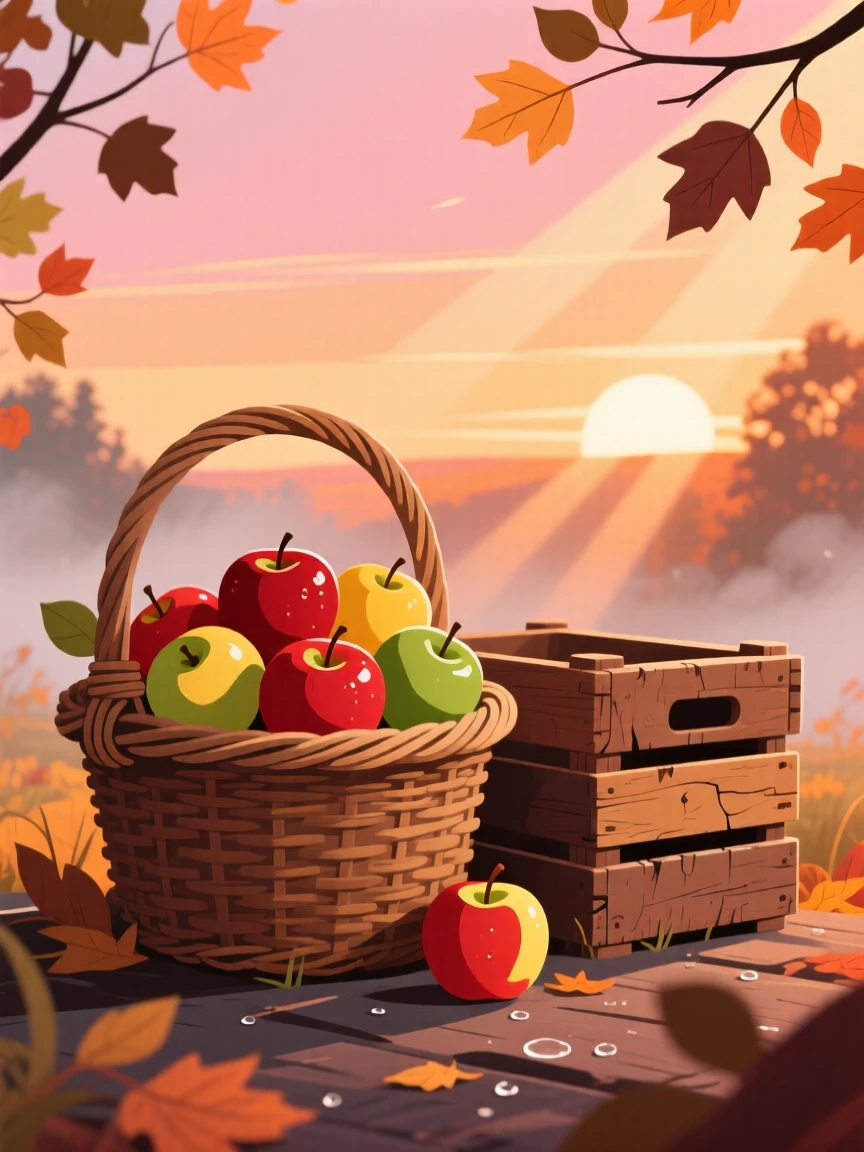 A basket of freshly picked apples beside a rustic autumn crate, set against a soft glowing seasonal sunset, framed with natural light suited to the time of year, with a fresh, crisp atmosphere throughout.