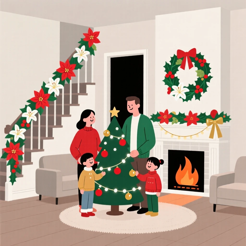 A Christmas celebration with garlands of flowers filling a family home.