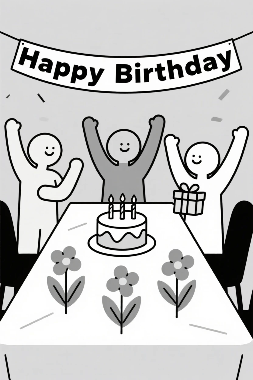 A joyful birthday party taking place in a decorated banquet hall, decorated with fresh flower arrangements, full of heartfelt gratitude.