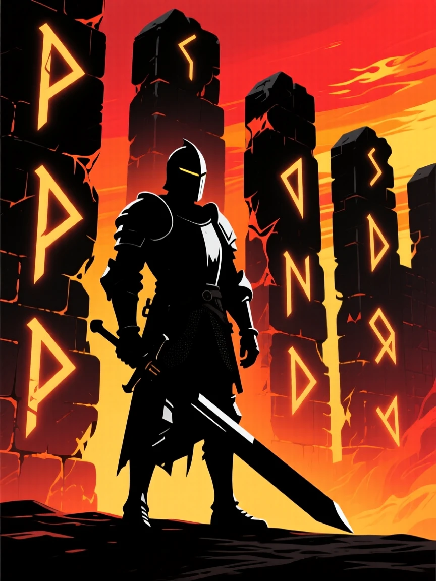 A knight's silhouette standing before a wall of ancient, glowing runes.