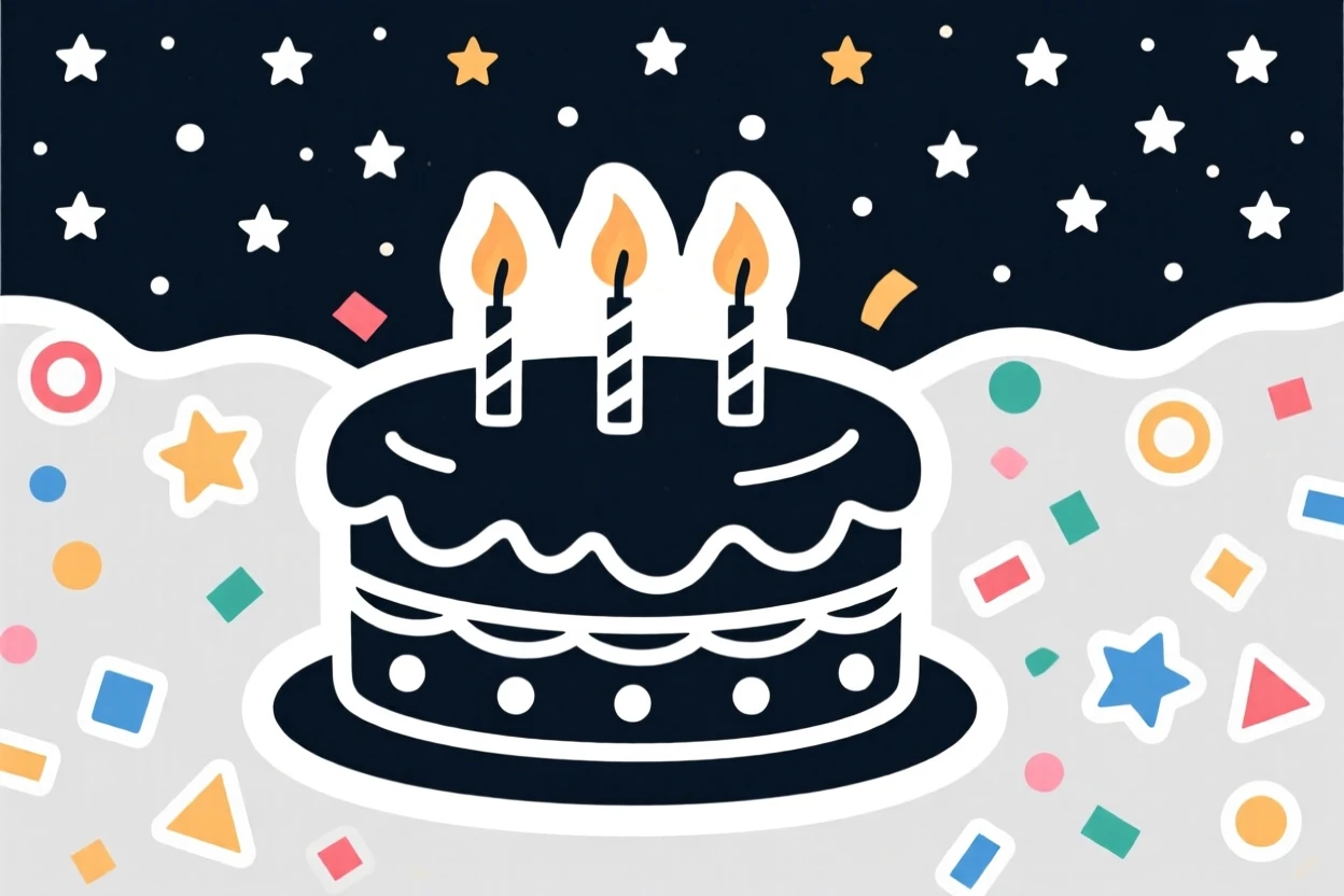 A delightfully whimsical birthday cake with lit candles ready for a wish, surrounded by falling confetti, under a sky full of stars on a special night.