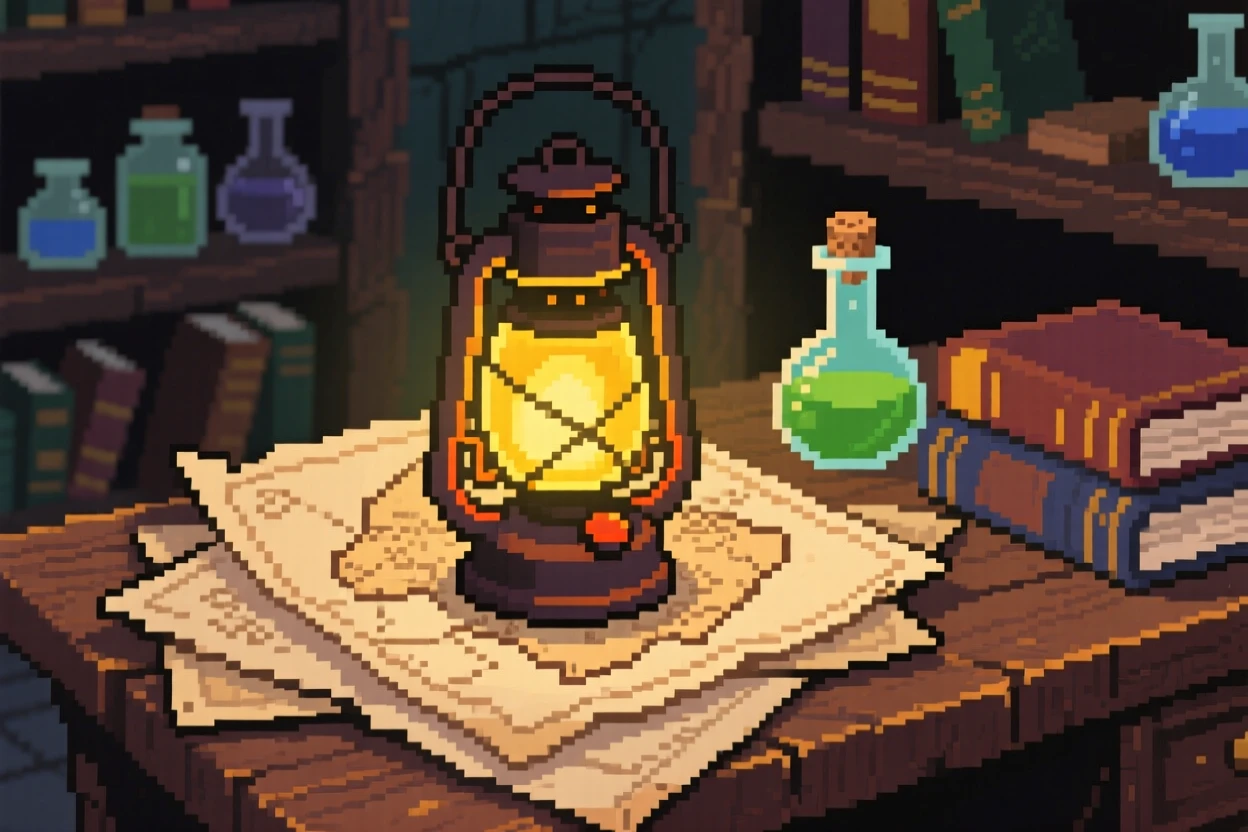 A glowing magic lantern resting on a pile of old maps, inside a wizard's cluttered study.