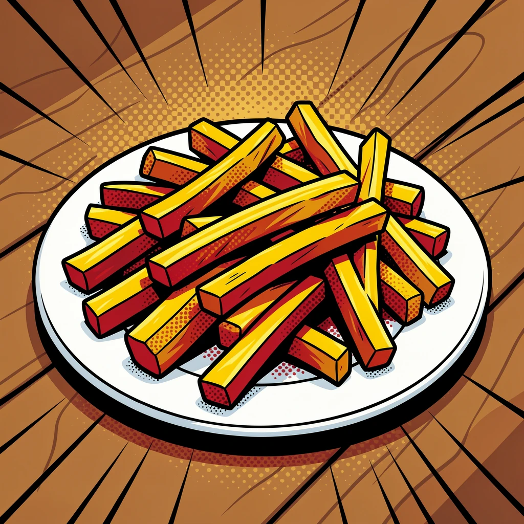 A plate of crispy late-day french fries presented beautifully on a rustic wooden table